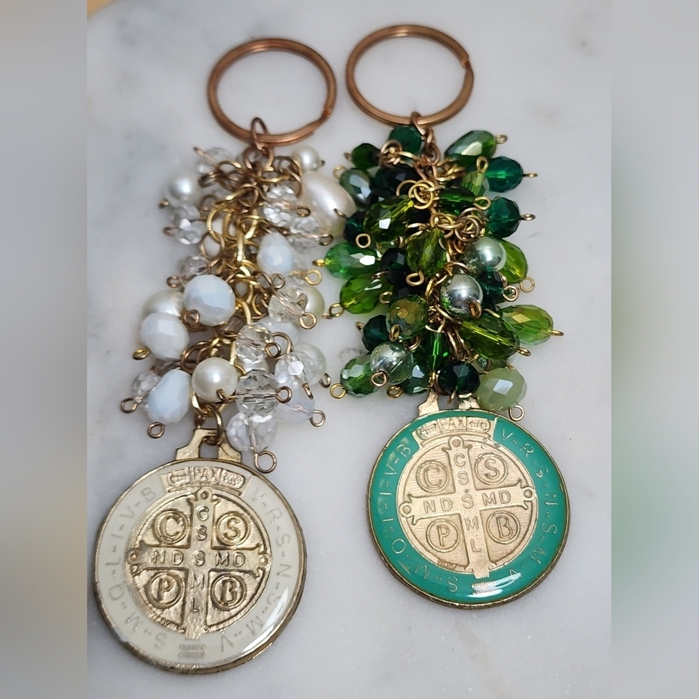 2 Beaded Keychain with Saint Benedict  Medal